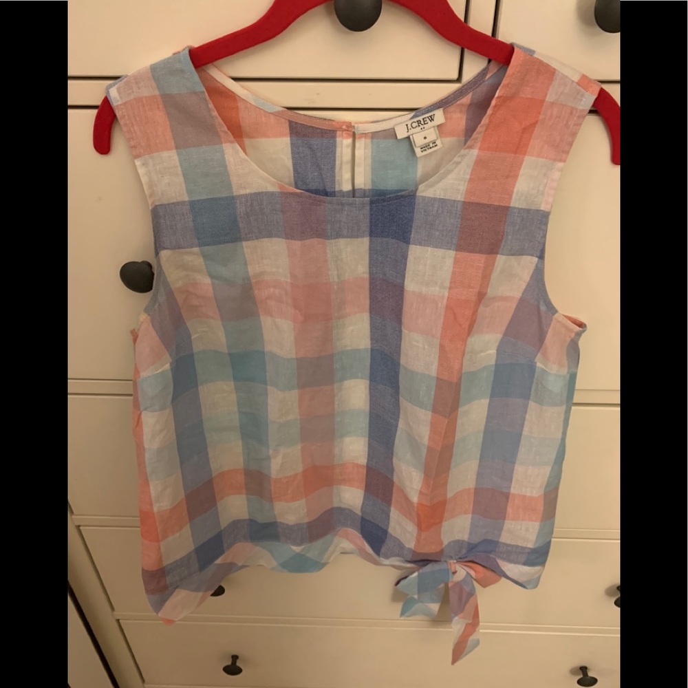 J Crew Red White Blue Gingham Tie Top 8 EUC